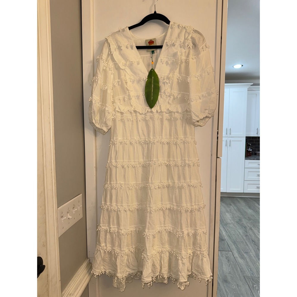 Farm Rio Ruffles Trim Off-White Midi Dress Puff Sleeve Tiered Pom-Pom Size M NEW - Picture 3 of 5